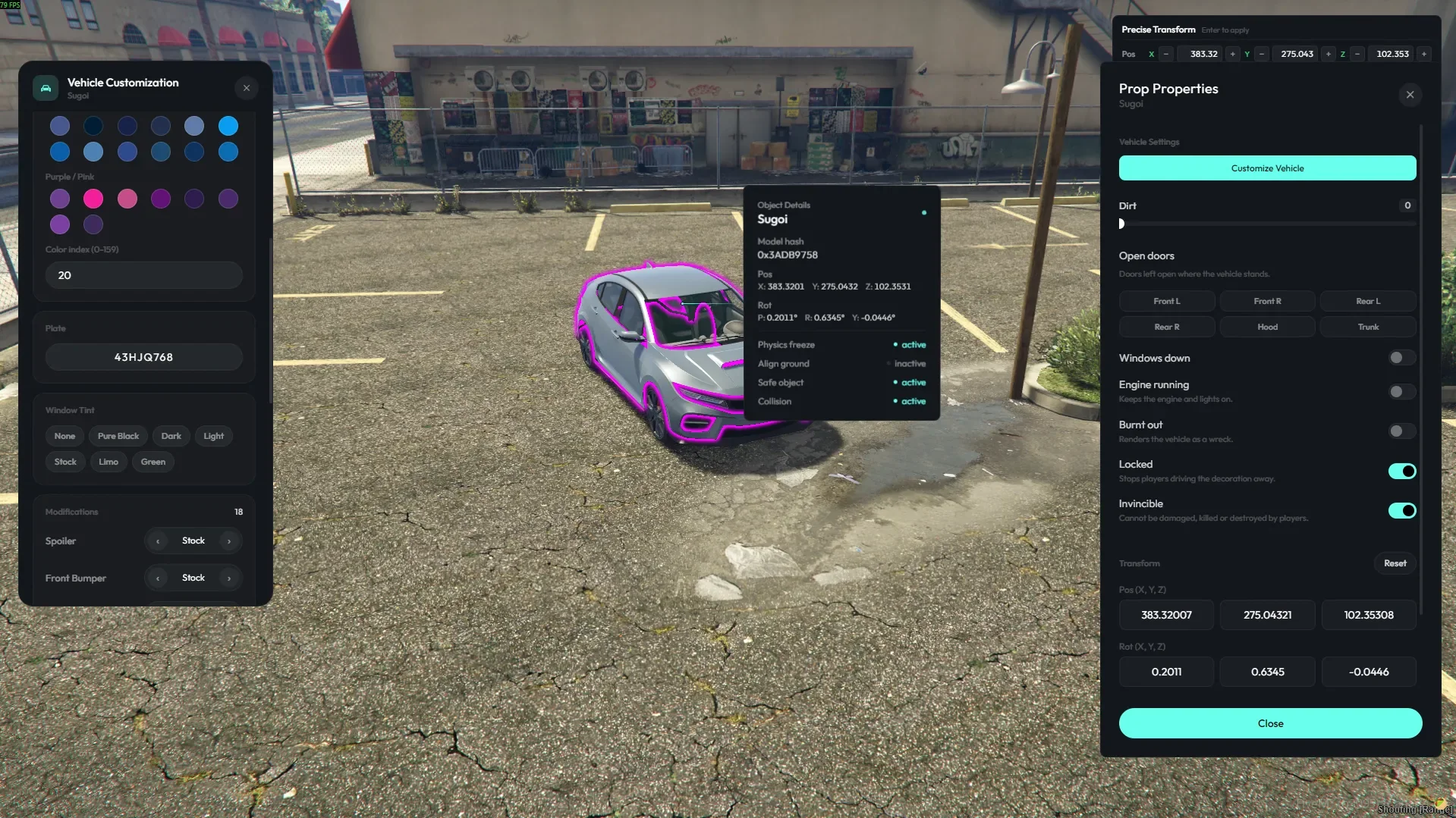 Vehicle customization panel: colour palette, plate field, window tint options and modification list, next to the vehicle's property panel.
