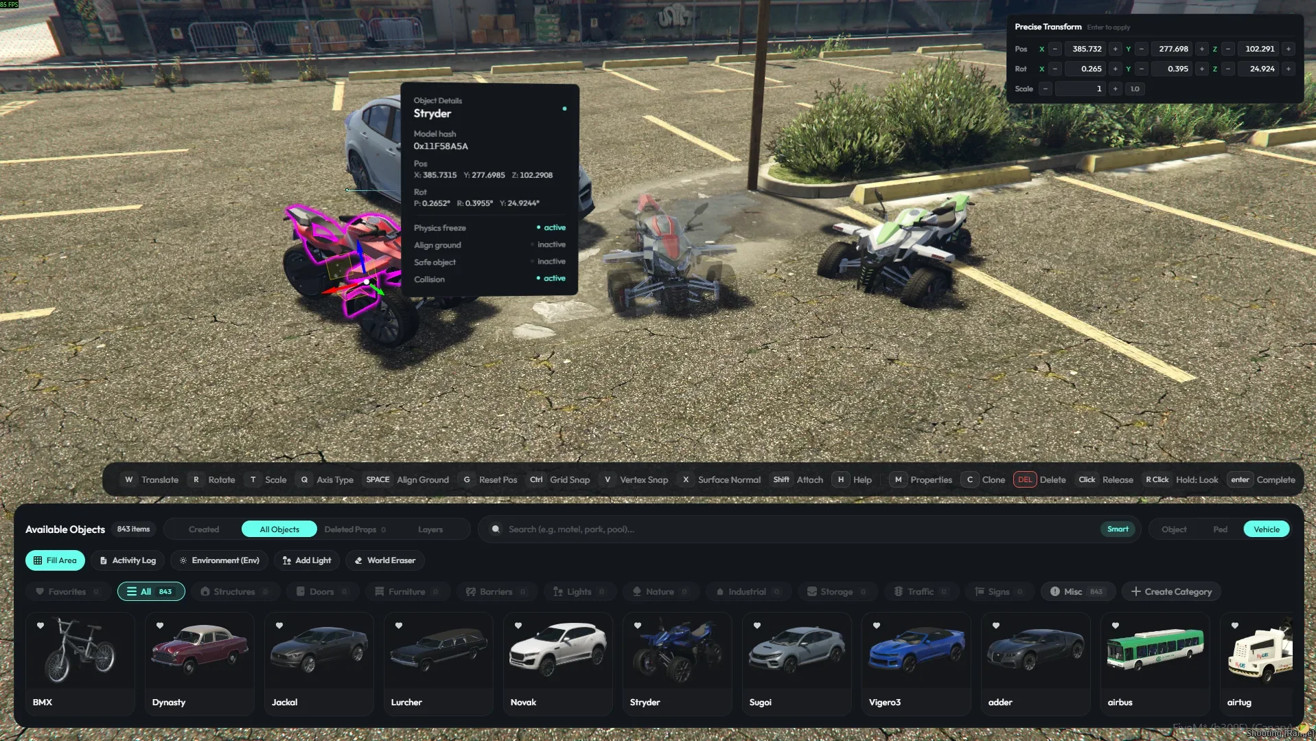 Map editor catalog on the vehicle tab: 843 vehicles listed, with a placed ATV selected and its gizmo visible.