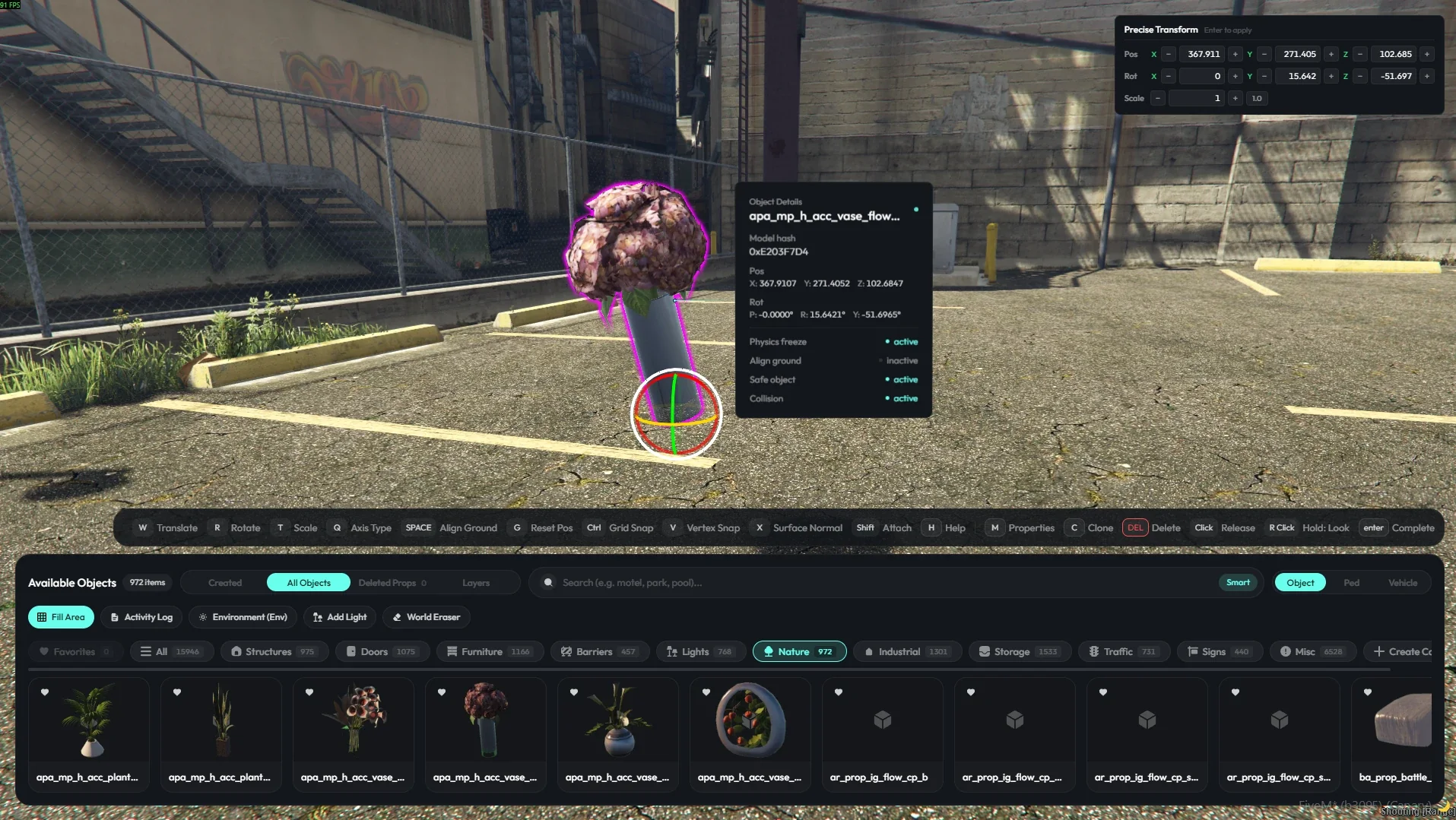 The redesigned editor interface: 972 props under the nature category, with a vase selected in the scene under a rotation gizmo.