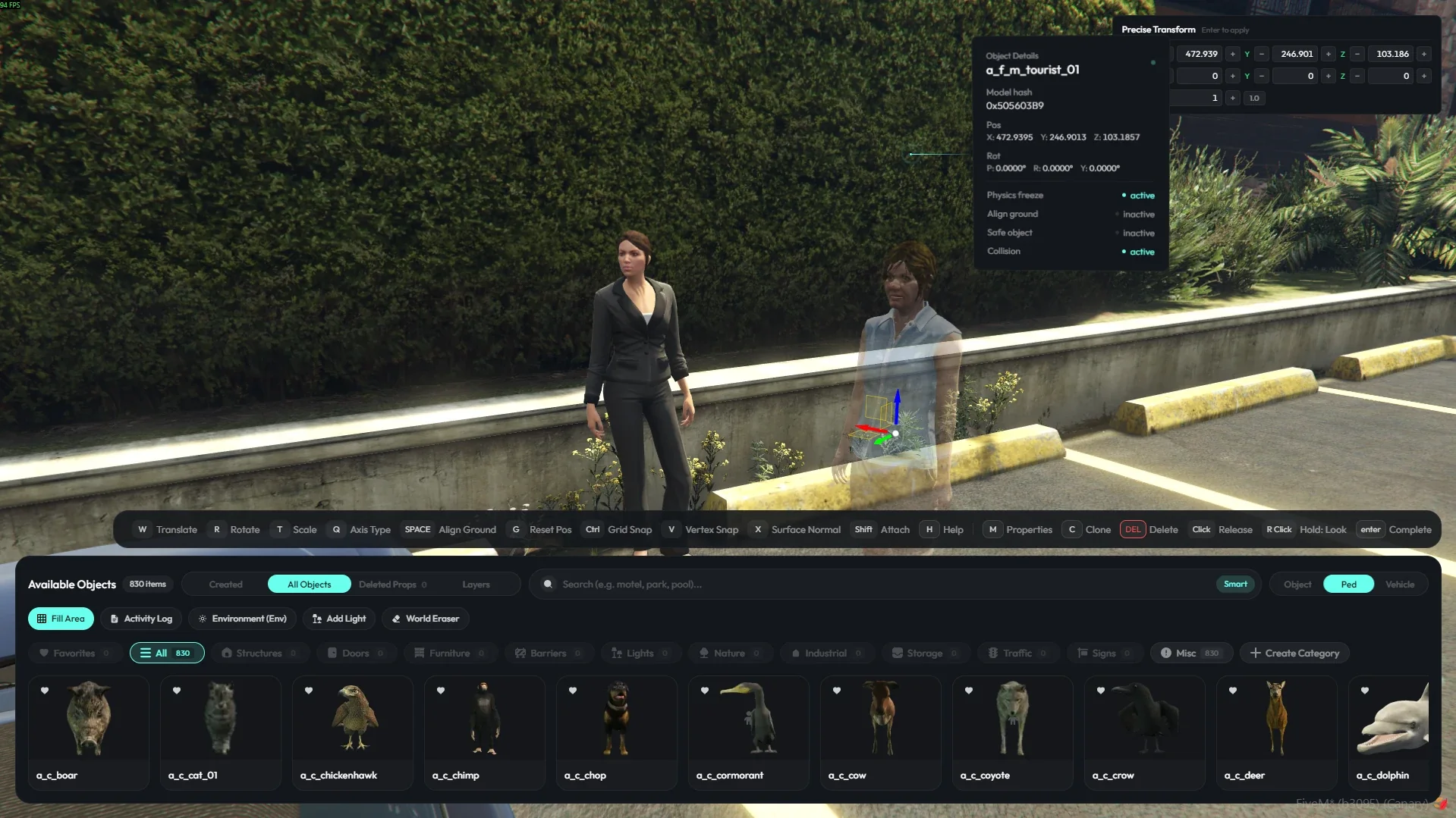 Editor catalogue on the ped tab, listing animal models, with two peds placed in the scene and one selected under a gizmo.