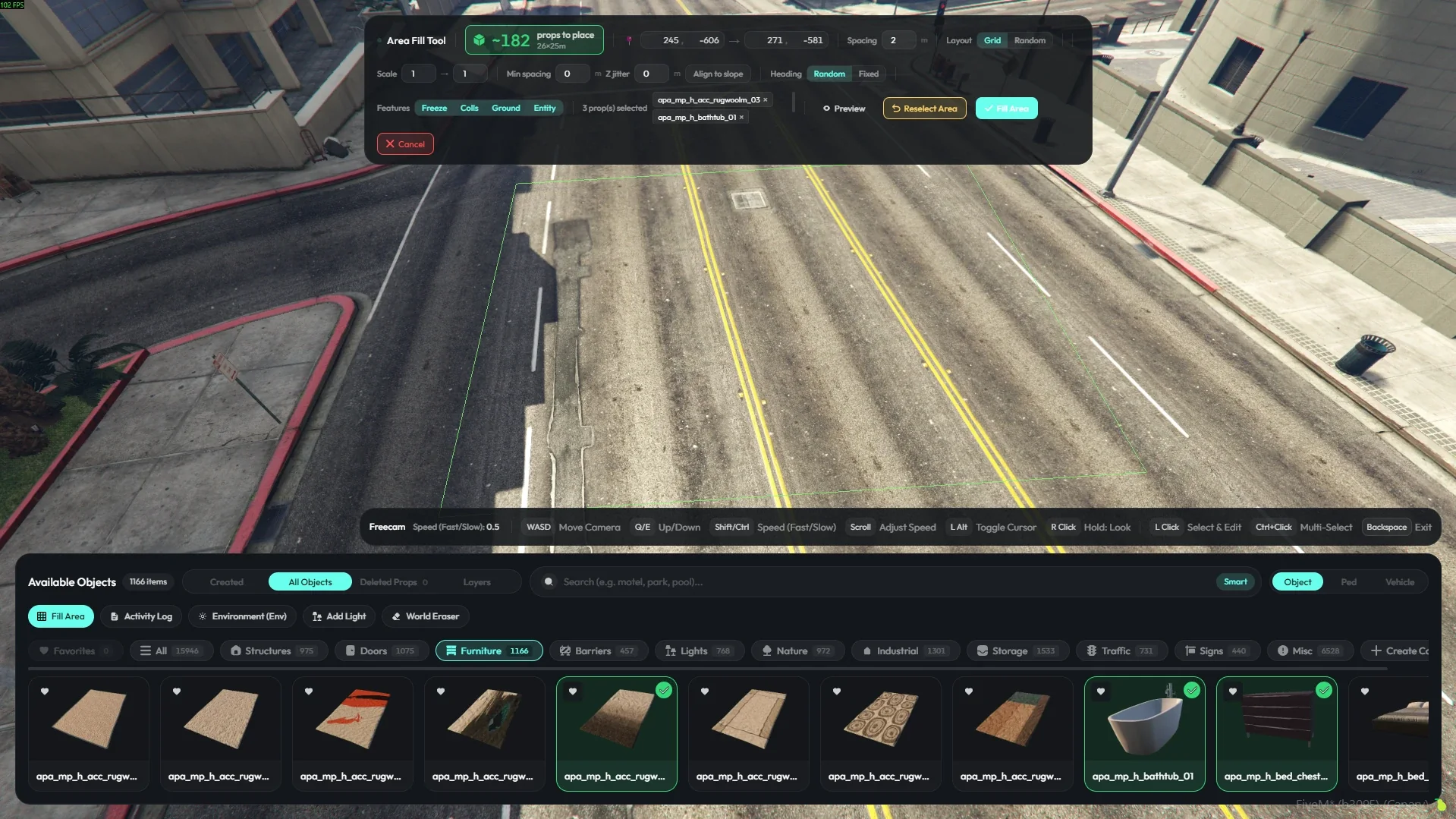 Area fill panel: a green polygon drawn across a road, with an estimate of 182 props and controls for spacing, scale and distribution.