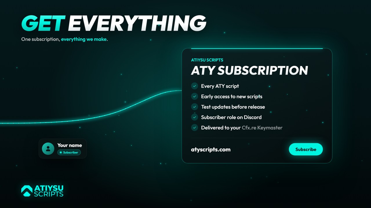 ATY Subscription: every script, early access, test updates before release, subscriber role on Discord, delivered to your Cfx.re Keymaster